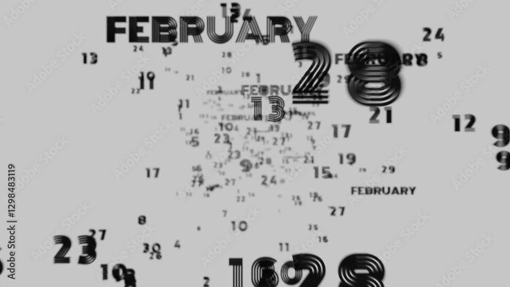 Poster Abstract floating typography with distorted months and 2025, creating a futuristic motion blur effect..