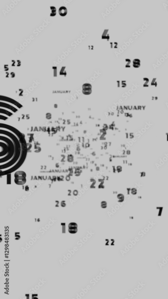 Poster Abstract floating typography with distorted months and 2025, creating a futuristic motion blur effect..