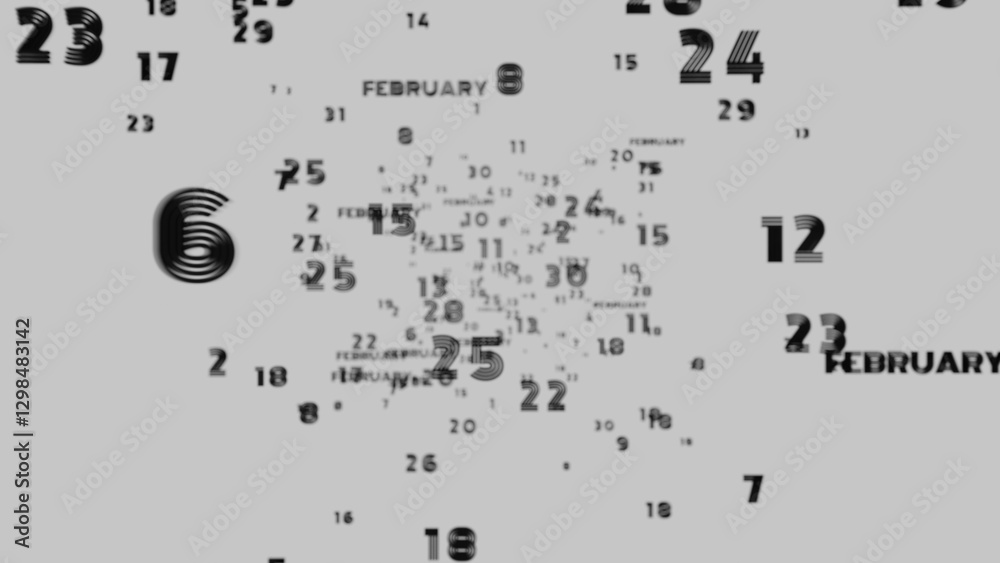 Poster Abstract floating typography with distorted months and 2025, creating a futuristic motion blur effect..