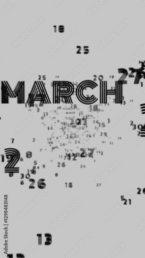 Poster Abstract floating typography with distorted months and 2025, creating a futuristic motion blur effect..