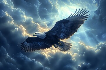 Obraz premium Majestic Eagle Soaring Through Dramatic Clouds in a Twilight Sky, Showcasing Its Powerful Wings Against the Backdrop of Soft Sunlight