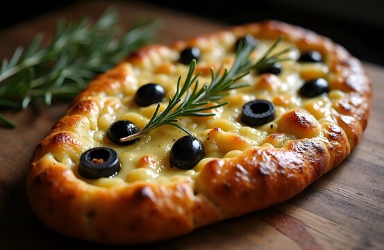 A slice of traditional French fougasse a rustic flatbread filled with olives and rosemary.