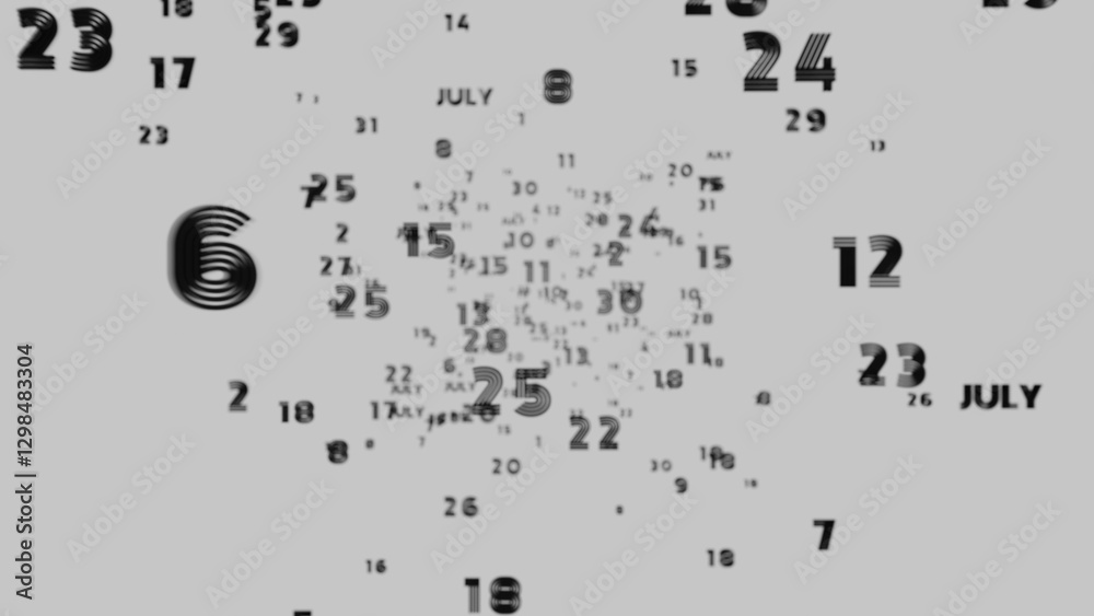 Poster Abstract floating typography with distorted months and 2025, creating a futuristic motion blur effect..