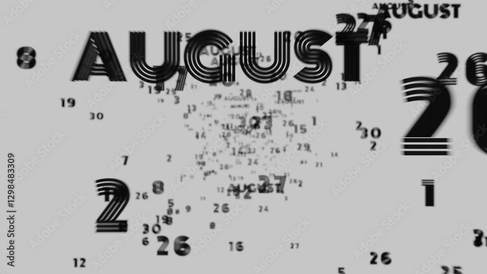 Poster Abstract floating typography with distorted months and 2025, creating a futuristic motion blur effect..