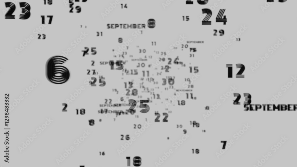 Aufkleber Abstract floating typography with distorted months and 2025, creating a futuristic motion blur effect..