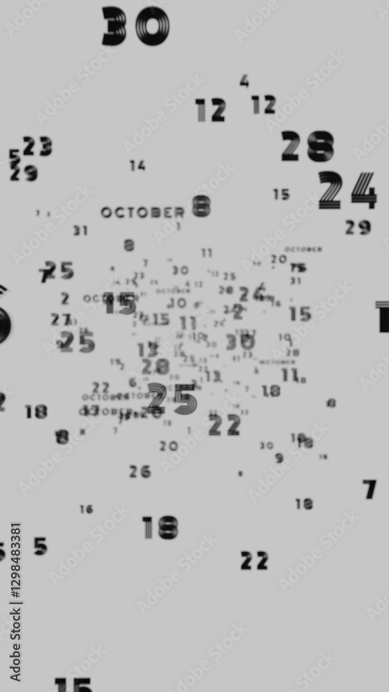 Poster Abstract floating typography with distorted months and 2025, creating a futuristic motion blur effect..