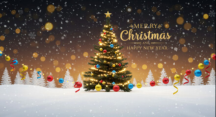 Obraz premium Merry Chrismas Greeting Card Poster Whimsical Tree Glowing ornament light