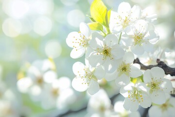 Obraz premium Close-up of delicate white flowers blooming on a tree branch, illuminated by sunlight, creating a soft and dreamy atmosphere
