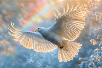 Obraz premium Majestic Bird of Prey Soars Gracefully Through a Vibrant Landscape Illuminated by Soft Sunlight and a Rainbow