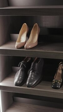 Vertical screen: A stylish shoe showcase presented in a modern and contemporary design shelf for women's and men's shoes