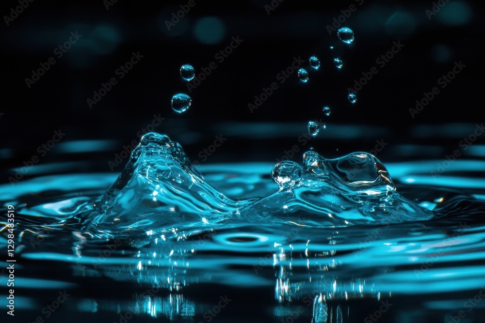 Poster Water droplets create waves and splashes in aquamarine liquid in a dynamic display of natures beauty. Generative AI