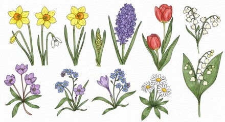 Spring flowers, botanical illustration, colorful wildflowers, hand-drawn style, delicate petals, green stems and leaves, daffodil, hyacinth, tulip, snowdrop, forget-me-not