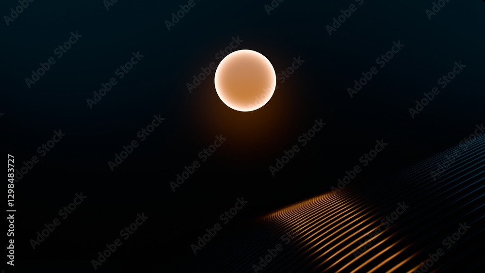 Poster a glowing orange sphere resembling the moon, casting a soft reflection on a dark, ribbed surface, cr