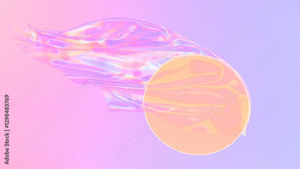Aufkleber Holographic floating fabric with a glowing circular shape, set against a soft pastel gradient background, creating a futuristic and surreal aesthetic.