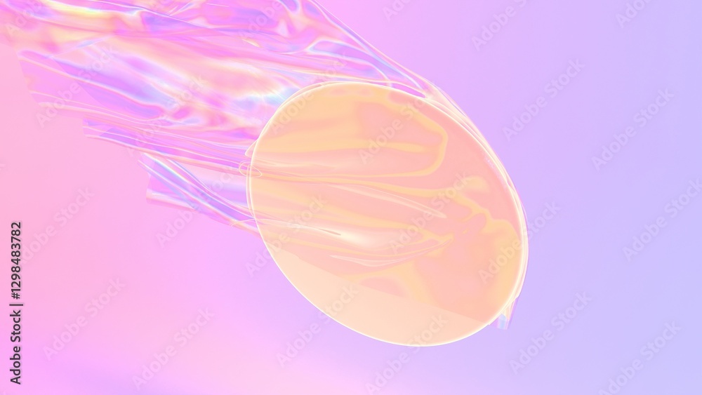 Fototapete holographic floating fabric with a glowing circular shape, set against a soft pastel gradient backgr