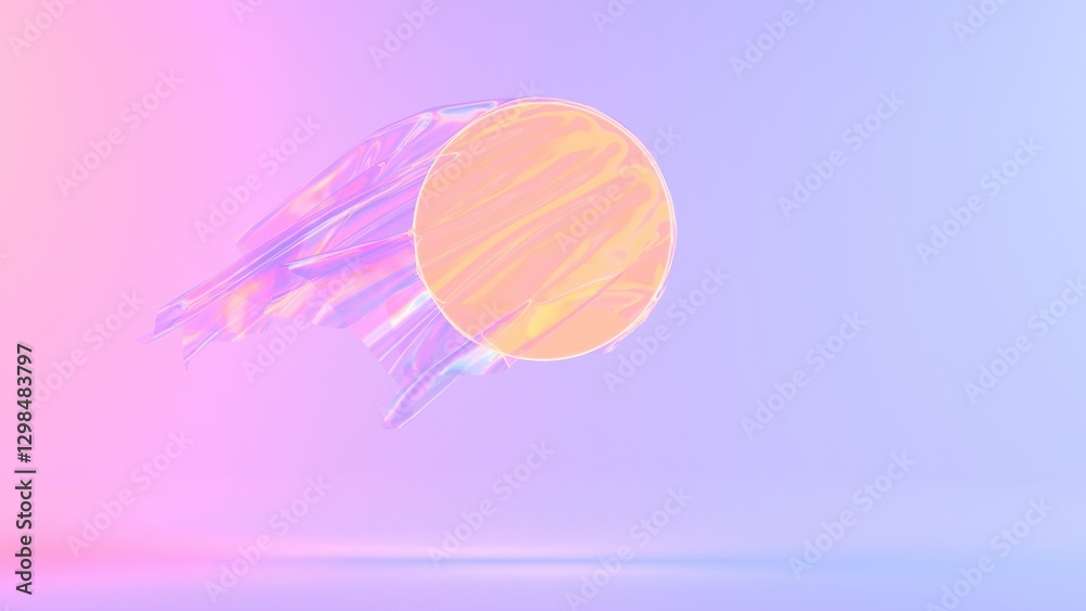 Fototapete holographic floating fabric with a glowing circular shape, set against a soft pastel gradient backgr