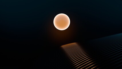 A glowing orange sphere resembling the moon, casting a soft reflection on a dark, ribbed surface, creating a minimalist and futuristic design.