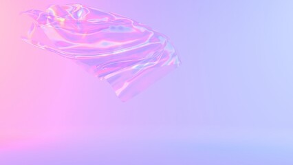 Holographic floating fabric with a glowing circular shape, set against a soft pastel gradient background, creating a futuristic and surreal aesthetic.