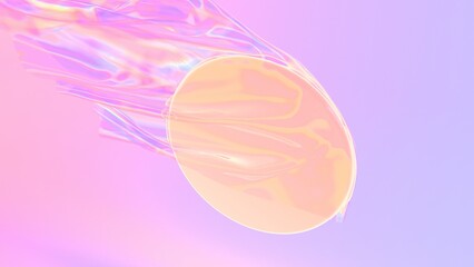 Holographic floating fabric with a glowing circular shape, set against a soft pastel gradient background, creating a futuristic and surreal aesthetic.
