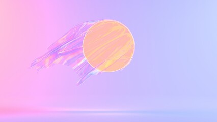 Holographic floating fabric with a glowing circular shape, set against a soft pastel gradient background, creating a futuristic and surreal aesthetic.