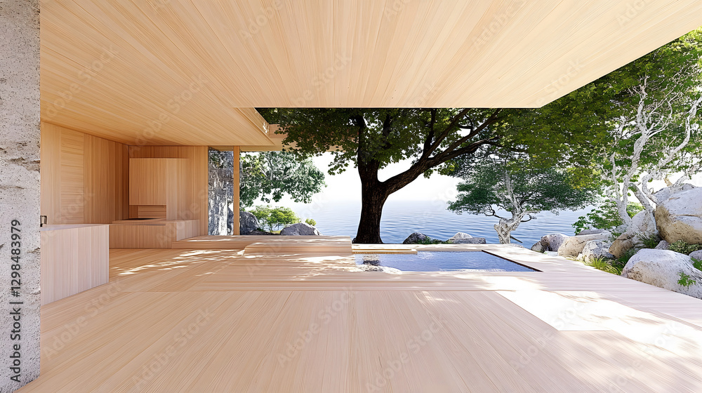 Poster modern architectural space with natural elements and stunning views