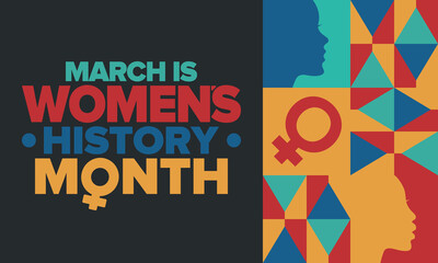 Women's History Month. Celebrated annual in March, to mark women’s contribution to history. Female symbol. Women's rights. Girl power in world. Poster, postcard, banner. Vector illustration