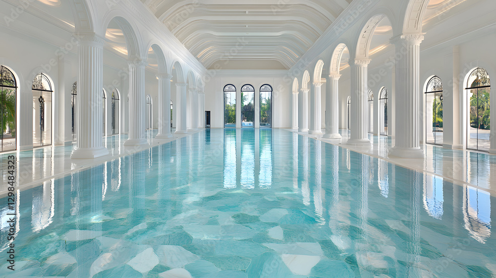 Poster luxurious indoor pool with reflective water and elegant architecture