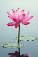 Pink lotus flower with subtle reflections on the water against white background, botanical, nature,