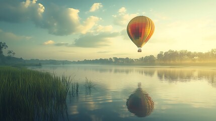A serene lake with flawless reflections a colorful hot air balloon floating above