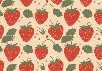 Vibrant strawberry pattern, botanical illustration, red fruit, green leaves, seamless background, cheerful design, summer motif, fresh and juicy, textured appearance