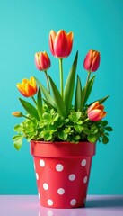 Obraz premium Polka dot pot with colorful flowers and lush greenery, plants, tulip, blue background