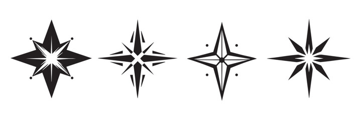 Obraz premium Star or wind rose icons set, black and white