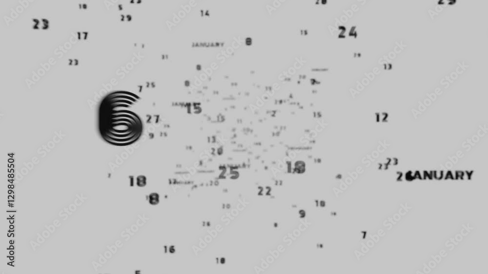 Poster Abstract floating typography with distorted months and 2025, creating a futuristic motion blur effect.

