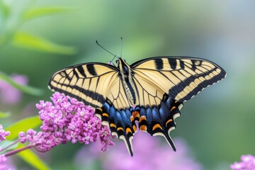 Fototapeta premium Yellow swallowtail butterfly on purple flower. (1)