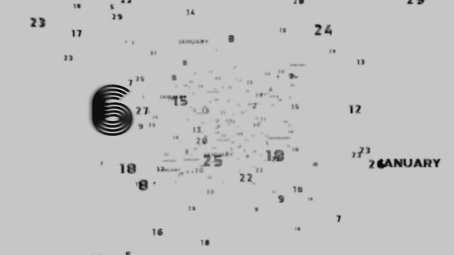 Abstract floating typography with distorted months and 2025, creating a futuristic motion blur effect.
