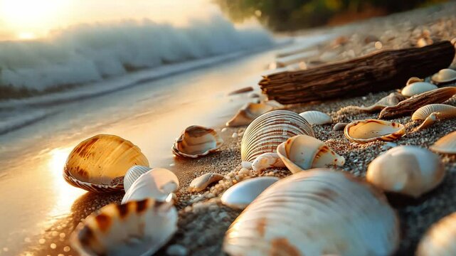 A serene beach with intricate patterns of seashells and driftwood at the shoreline.
