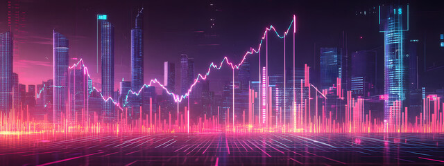 A stock market chart with upward-trending lines, surrounded by a digital cityscape and financial graphs

