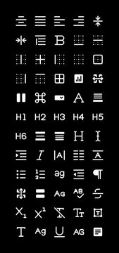 Text Formatting Icon Set - Black Filled Style. Including align, justify, bold, italic, indent, outdent, paragraph, heading, title, uppercase, capital, underline, strikethrough, I cursor silhouette