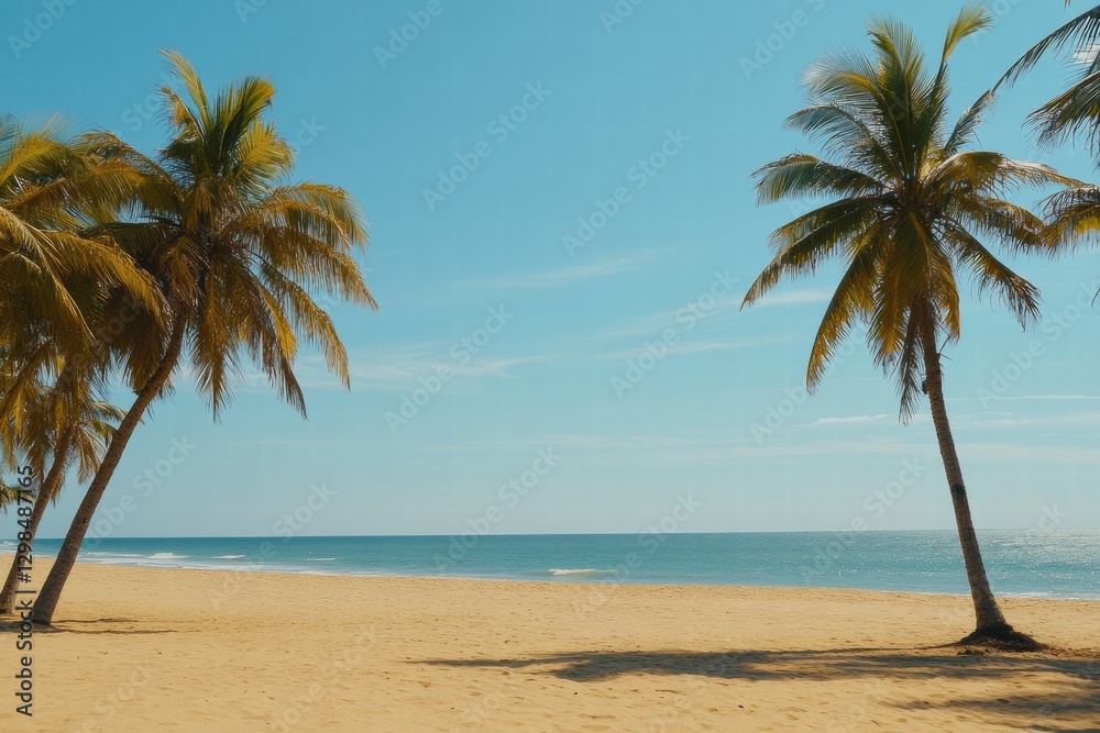 Poster sunny beach with palm trees and clear blue sky providing a perfect getaway for relaxation and enjoym