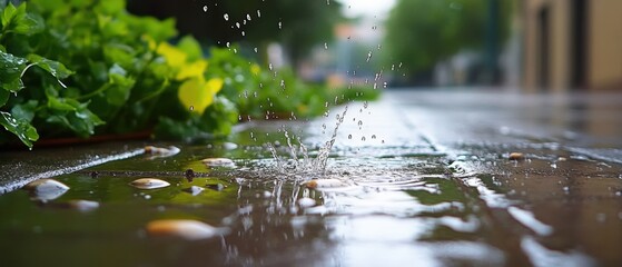 Naklejka premium rain falling into puddle on wet ground