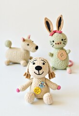 Fototapeta premium Cute handmade plush animals with buttons, creative mood, DIY toys for children on a white background