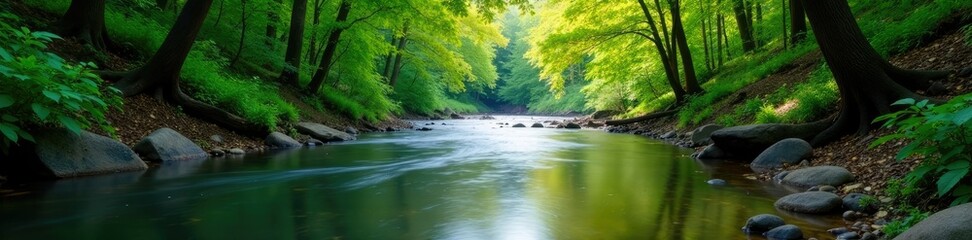 Obraz premium Serene landscape of a quiet river flowing through the woods, serene, river, flow