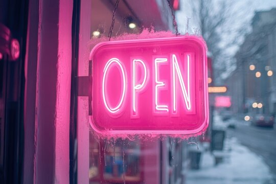 A pink neon 'OPEN' sign hangs on a snowy window, signifying a business is open for customers during winter.