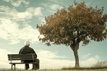 Elderly man sitting on a bench under a tree in a serene park setting during the day