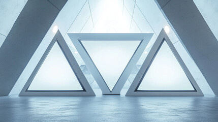 Obraz premium Futuristic exhibition stand with triangle shapes and three large screens displaying dynamic content, stand has a sleek,modern design with LED lighting accents,a professional and high-tech ambiance.