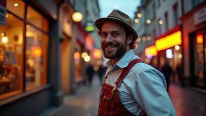 Fototapeta premium Lederhosen, Upbeat German city vibes shine through a smiling lederhosen-clad figure bathed in warm neon lighting against cobbled bac