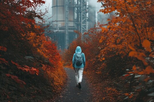 A lone hiker walks a path lined with autumn foliage, towards an industrial backdrop.