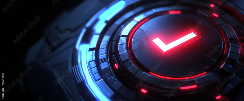 Poster futuristic glowing checkmark symbol on a dark digital background with red and blue accents, represen