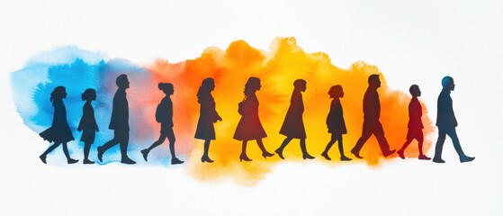 diverse people walking in a row with watercolor background