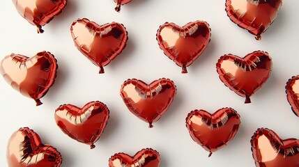 Red heart balloons, flat lay, white background, Valentine's Day, romantic